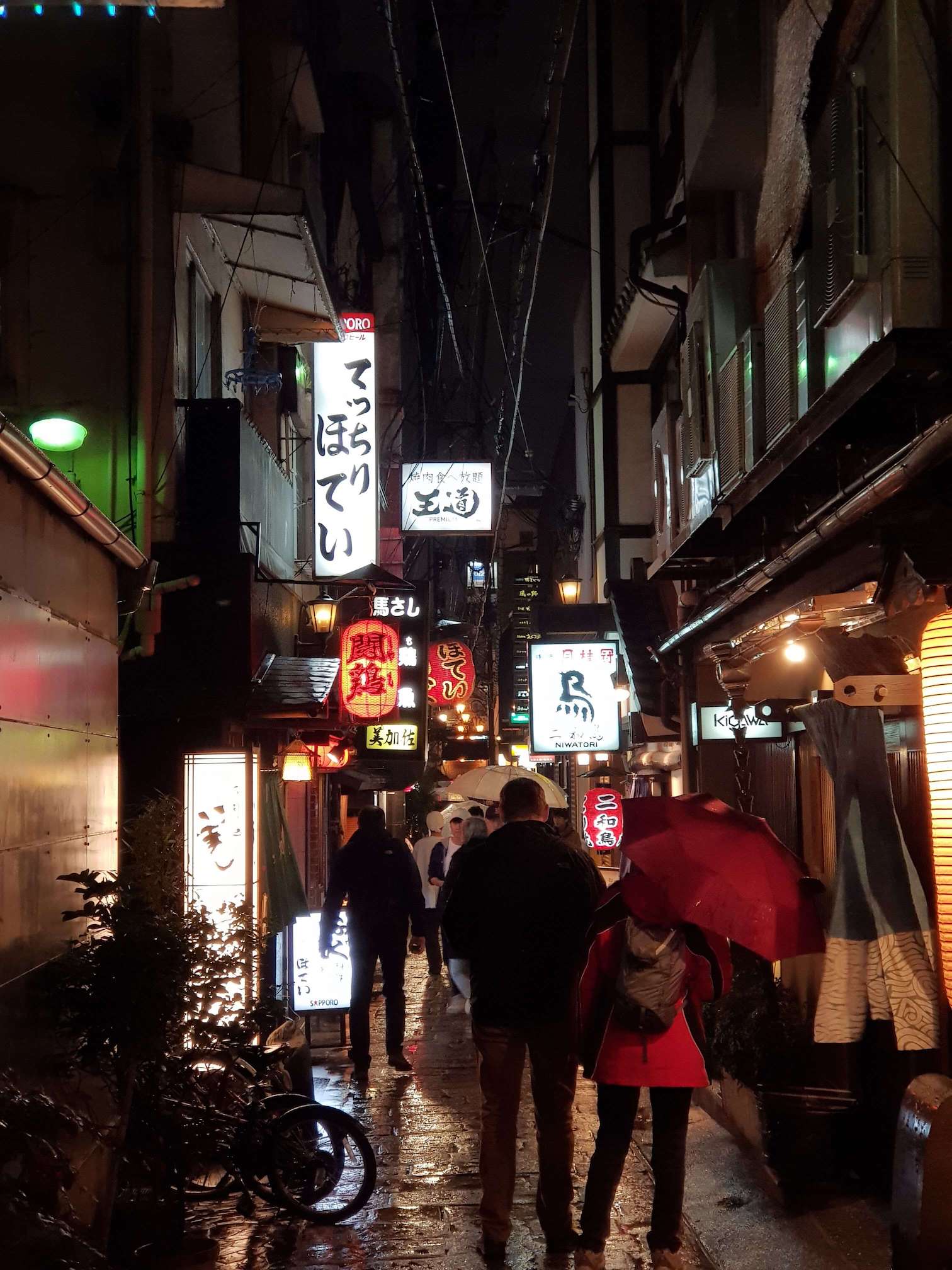 A (comparatively) dark alleyway with small bright shop signs